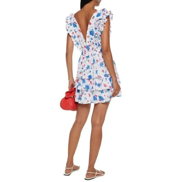 LoveShackFancy “Bennett” Mini Floral Ruffle Dress - NWT, SZ L White Blue and Red - Picture 3 of 14